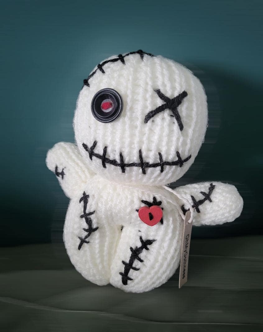Handmade Gothic Voodoo Doll Knitted OOAK Cute Weird Fantasy Creepy Halloween Collectable Freaky Gift Spooky Decor Cream Black Red VO2