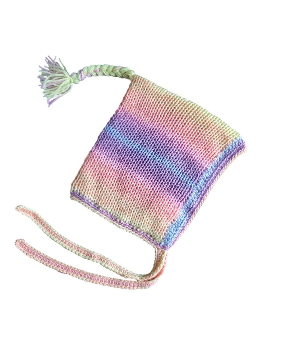 Knitted Forest Bonnet Handmade Pixie Bow Tie Hat Pastel Rainbow Pink Blue Green Adult Emo Goth Whimsy Elf Fairy Reenactment Winter Gift HT33