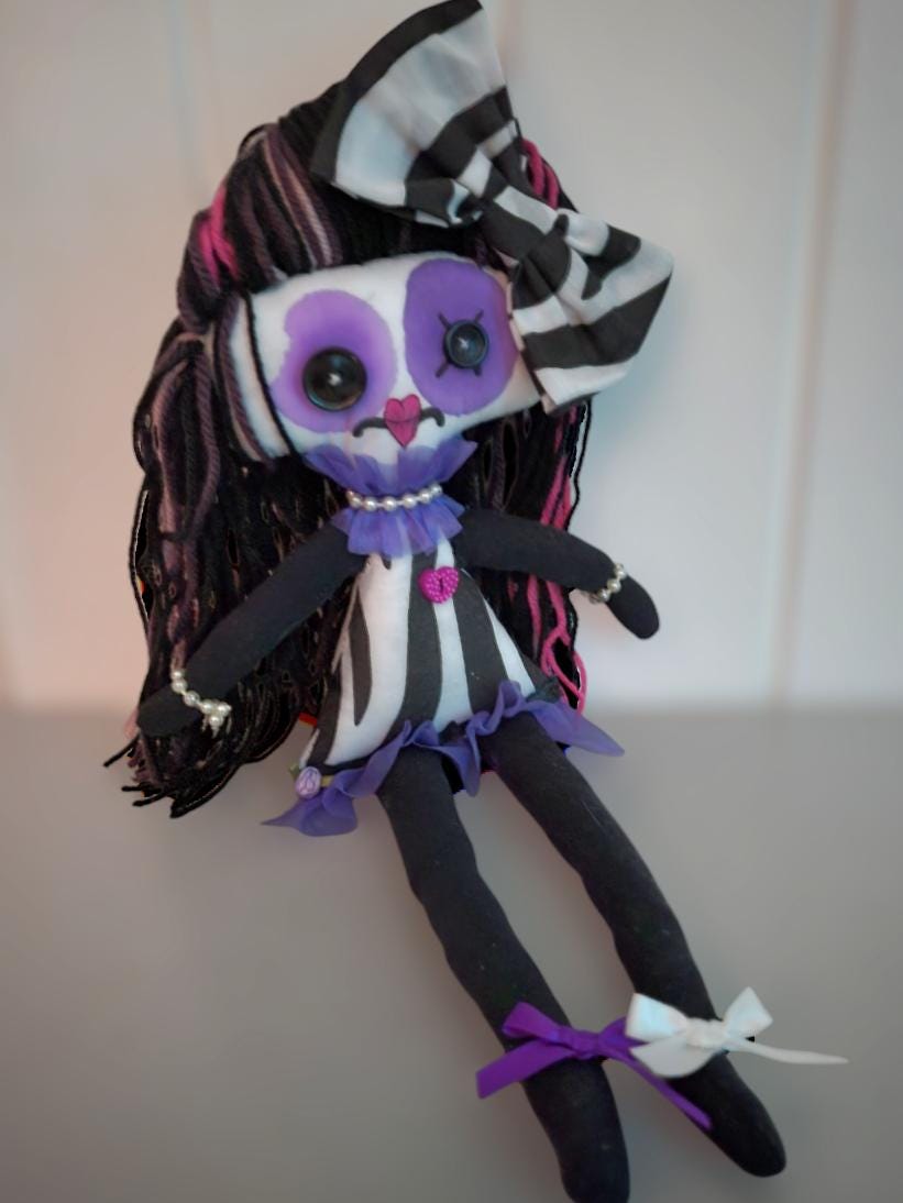 Handmade Gothic Art Doll 17" OOAK Weird Ragdoll Fantasy Creepy Button Eyes Black White Zebra & Purple Collectable Freaky Gift Spooky AD12
