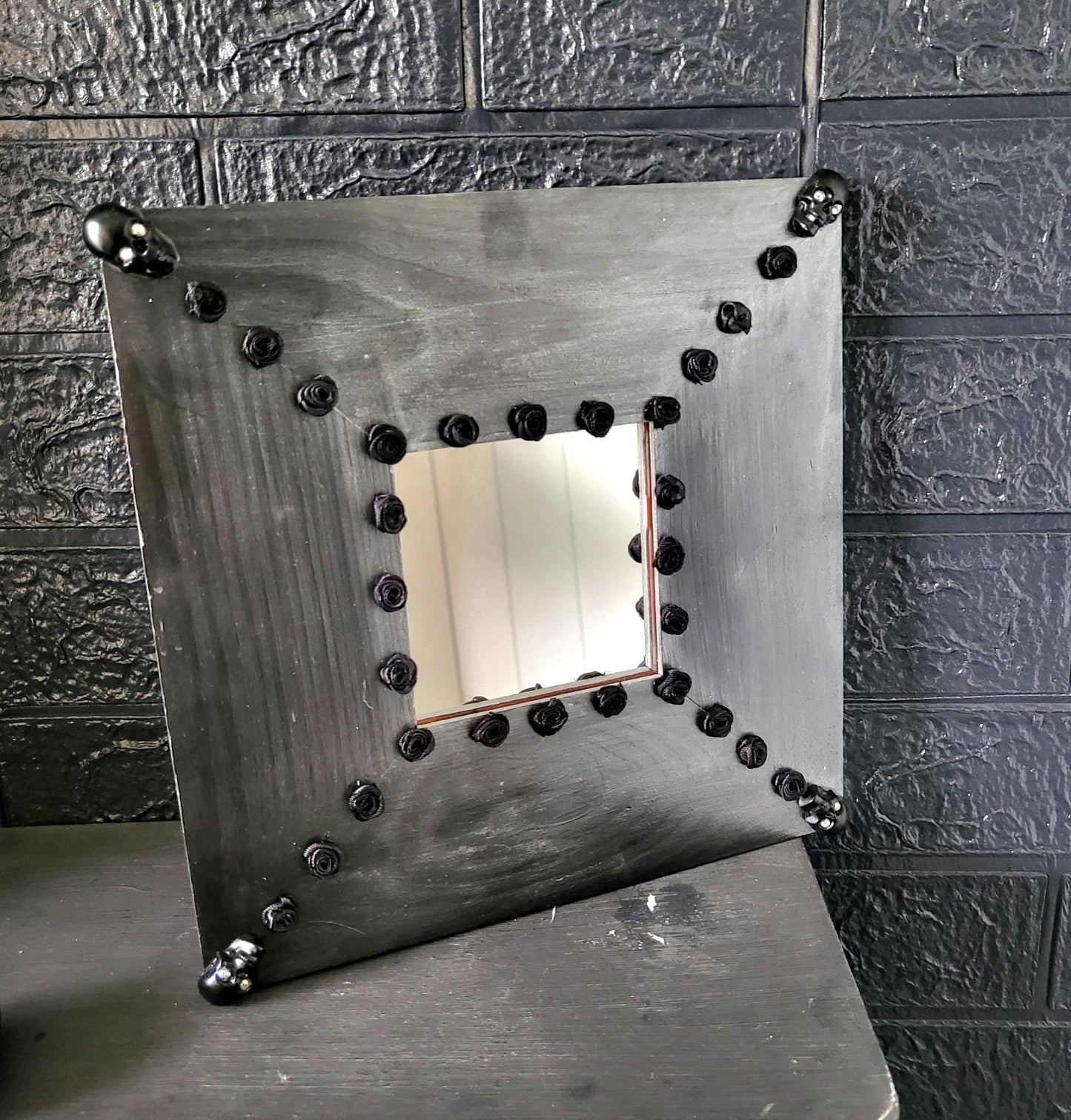 Square Mirror OOAK Handpainted Black Silver Black With Black Skulls & Roses 10"x 10" Gothic Decor Homes Interiors Great Gift MM1