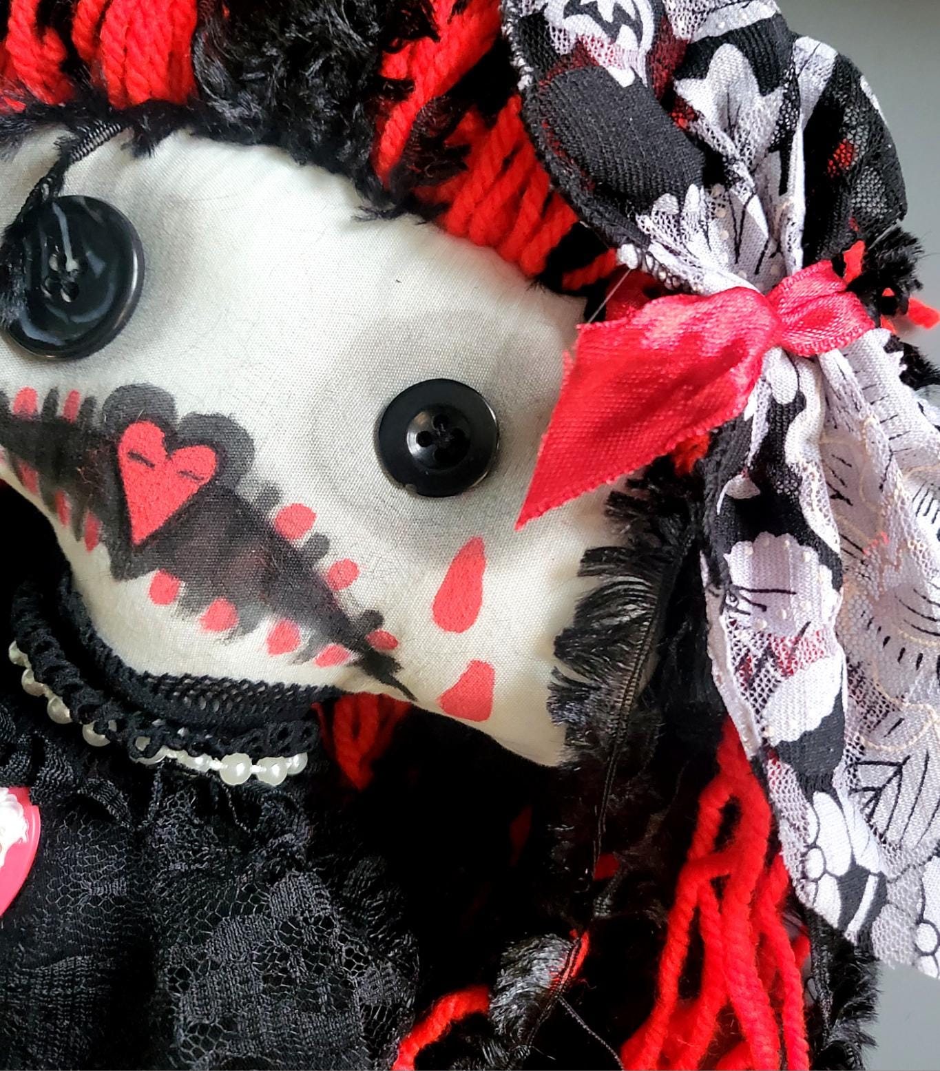 Handmade Gothic Art Doll Scary 19" OOAK Weird Ragdoll Fantasy Creepy Button Eyes Collectable Freaky Gift Spooky Black Red AD17
