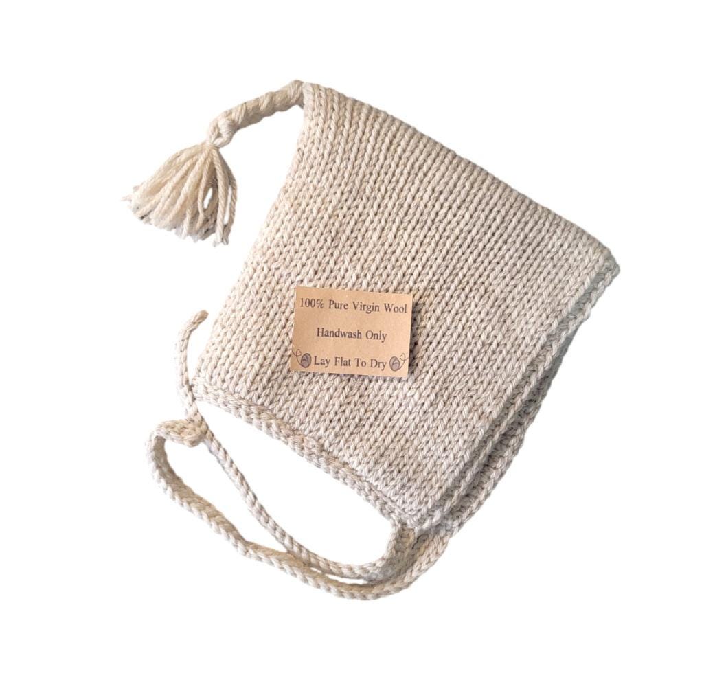 Oatmeal Beige Knitted Bonnet 100% Pure Virgin Wool With Tassel Handmade Pixie Bow Tie Hat Adult Woodland Whimsy Elf Fairy Winter Gift PW3