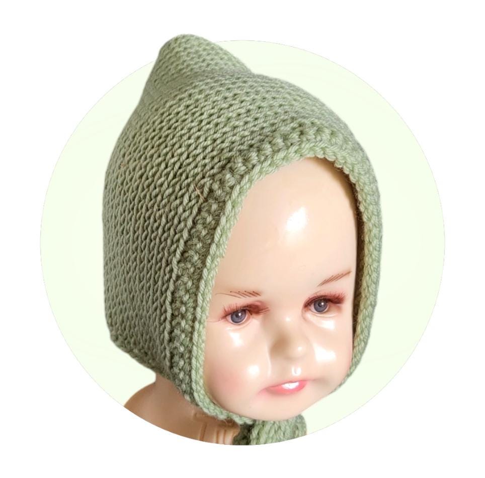 Handmade Merino Wool Knitted Baby Bonnet – Green Pixie Hat (6-18 Months)