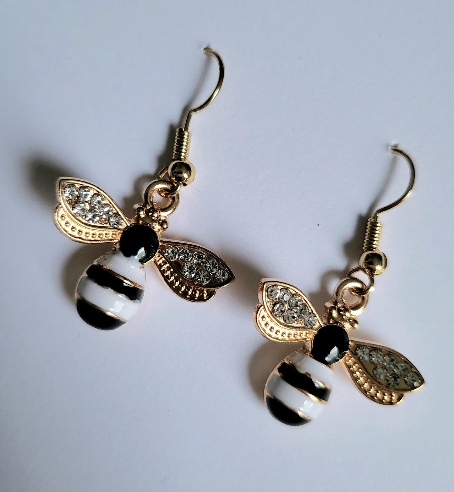 Gold Bumble Bee Drop Earrings, Diamante Wings