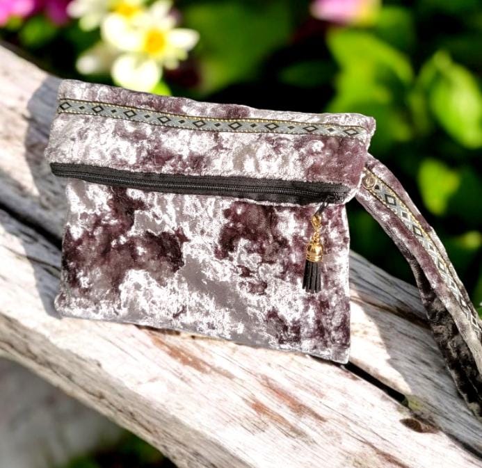Silver Grey Crushed Velvet Clutch Bag Wristlet With Braid OOAK Fully Lined In Lilac Zip Up Party Holiday Goth Funky Travel Gift BG24