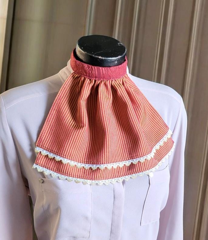 Regency Burgundy Gold Striped Jabot, Victorian Cravat with Lace