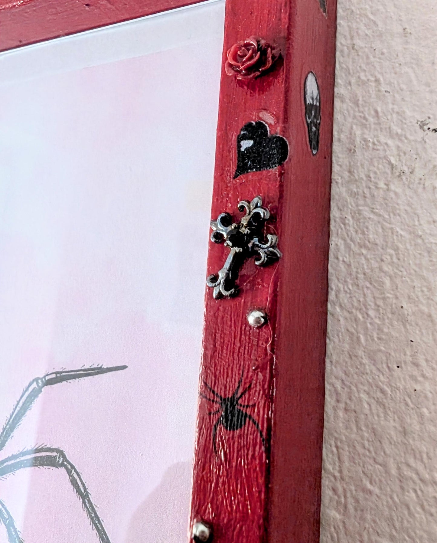 6 x 4" red deep wooden photo frame. Hand embellished+ painted gothic charms crosses skulls gems unusual funky gothic home decor gift inspo
