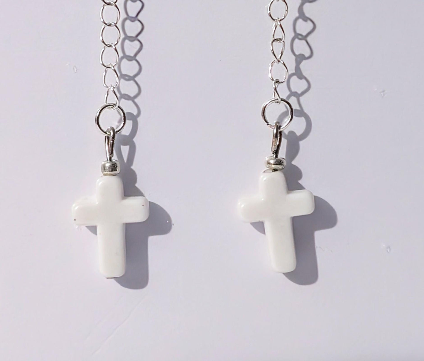 Handmade white cross crucifix drop dangle silver tone metal chain hook earrings goth festival punk fashion accessory gift present for her