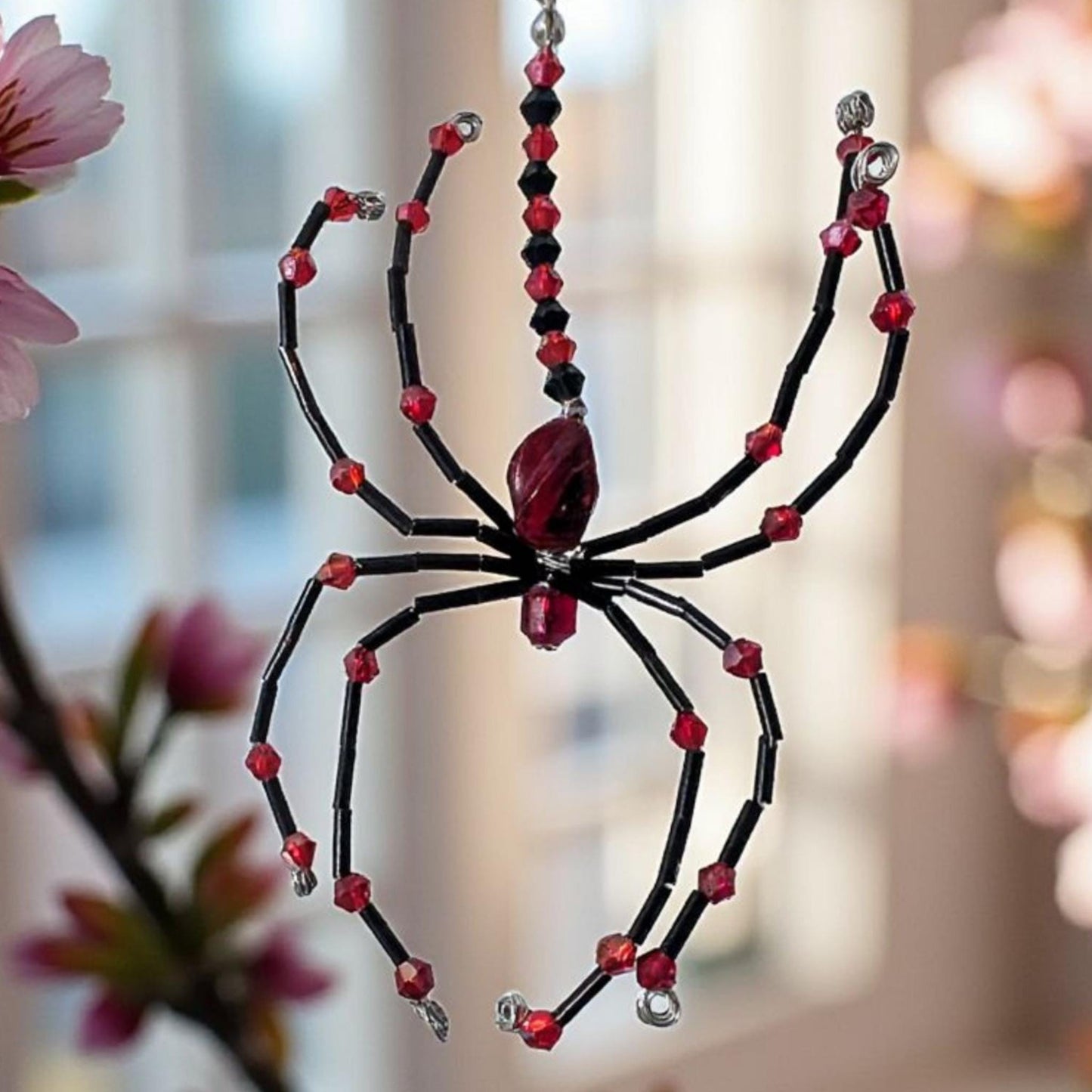 Handmade Beaded Spider Ornament: Red & Black Halloween Decoration