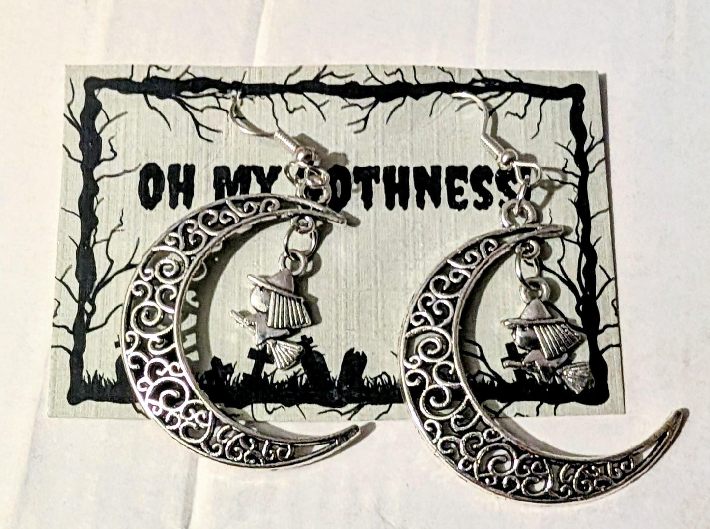 Handmade Crescent Moon Witch Earrings, Silver Tone Halloween Goth Jewelry