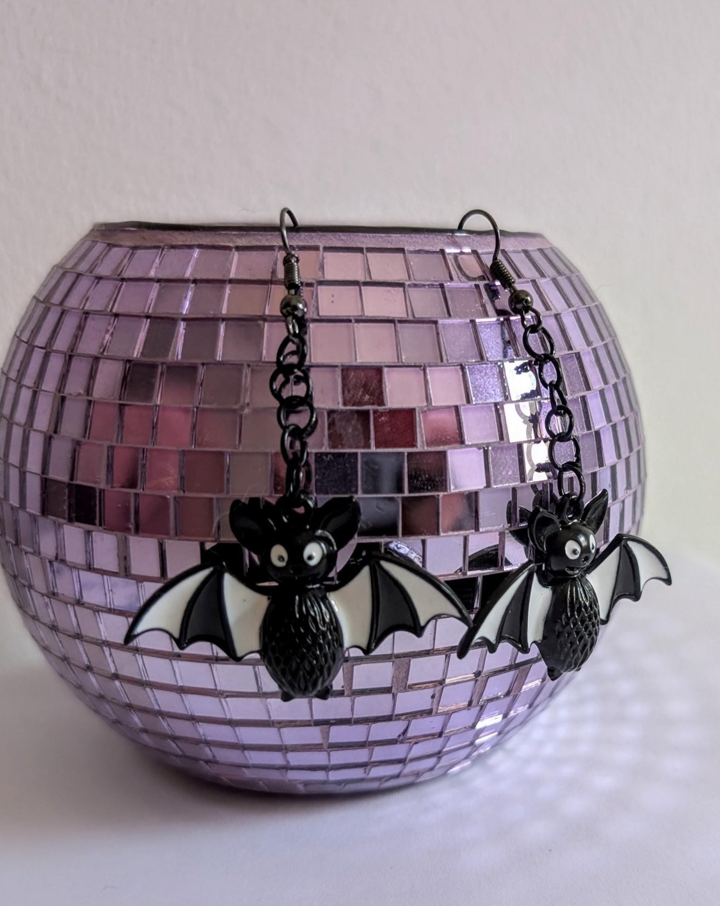 Handmade Cartoon Bat Dangle Earrings, Black & White Halloween Jewelry