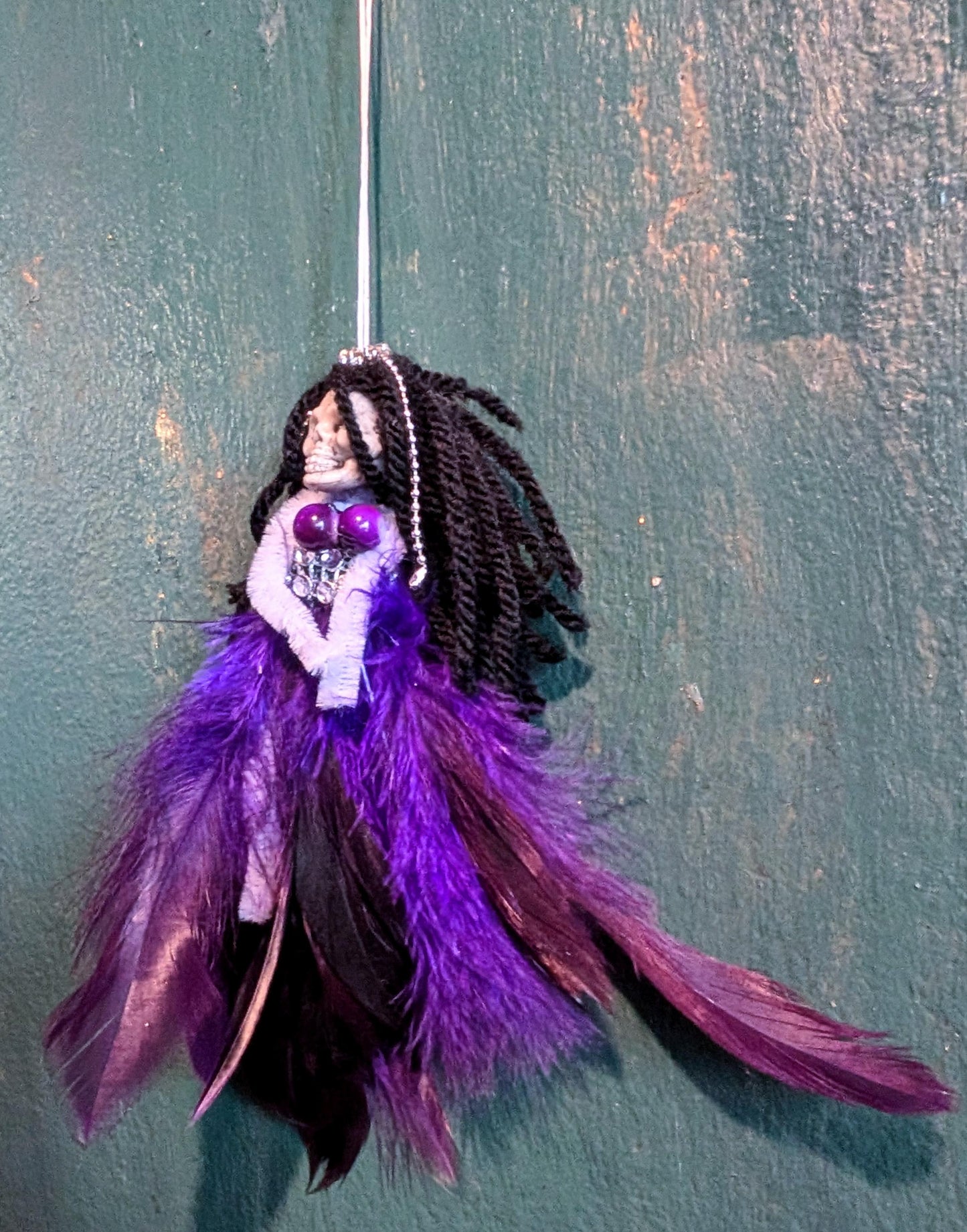 Handmade Gothic Skull Christmas Ornament - Purple Feather Creepy Doll