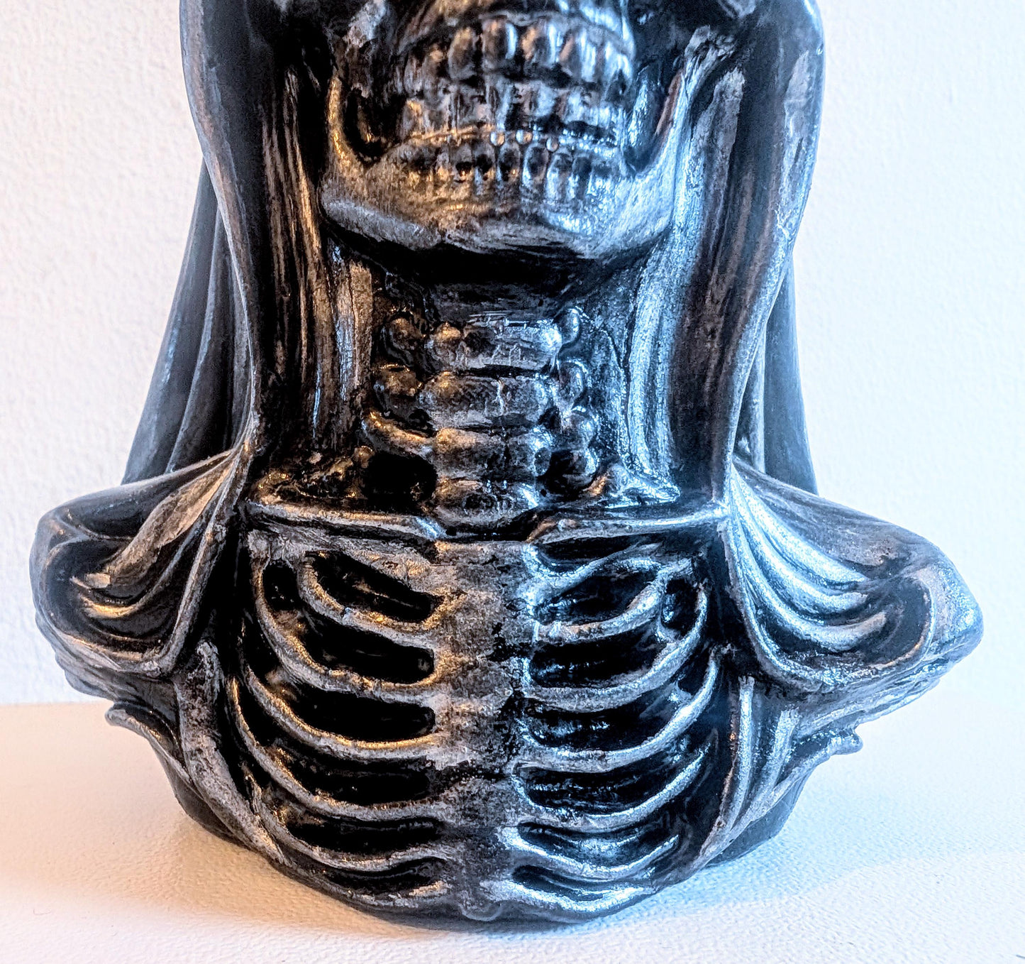 Handcast Grim Reaper Pen Holder: Gothic Skeleton Desk Organizer