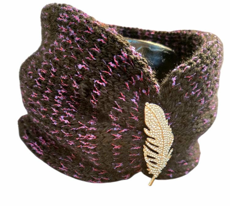 Handmade Knitted Snood: Black & Purple, Diamante Brooch