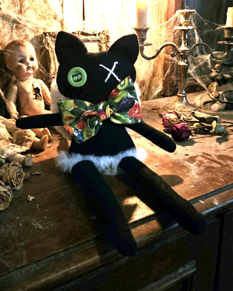 Gothic Art Doll Black Cat : 35cm Handmade Creepy Ragdoll, Boxed