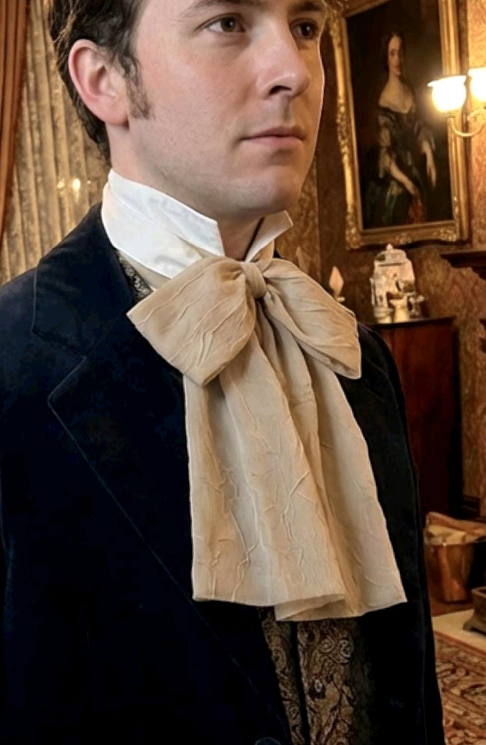 Beige Taupe Crinkle Voile Jabot Floppy Bow Cravat Collar Victorian Steampunk Fancy Dress Gothic Theatre Austin Powers