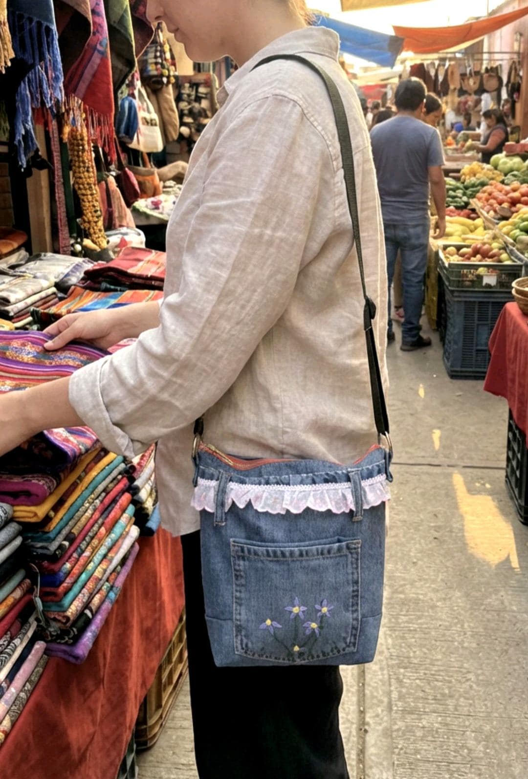 Denim & Lace Crossbody Shoulder Bag Fully Lined Zip Up, Holiday Funky Festival