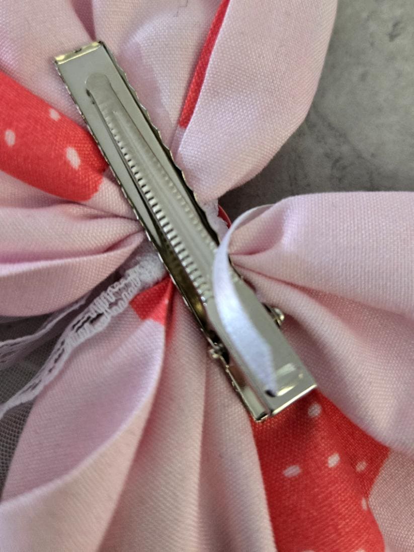 Pink Red Strawberry & Lace Hair Bow, Clip On - Lolita Gothic Punk