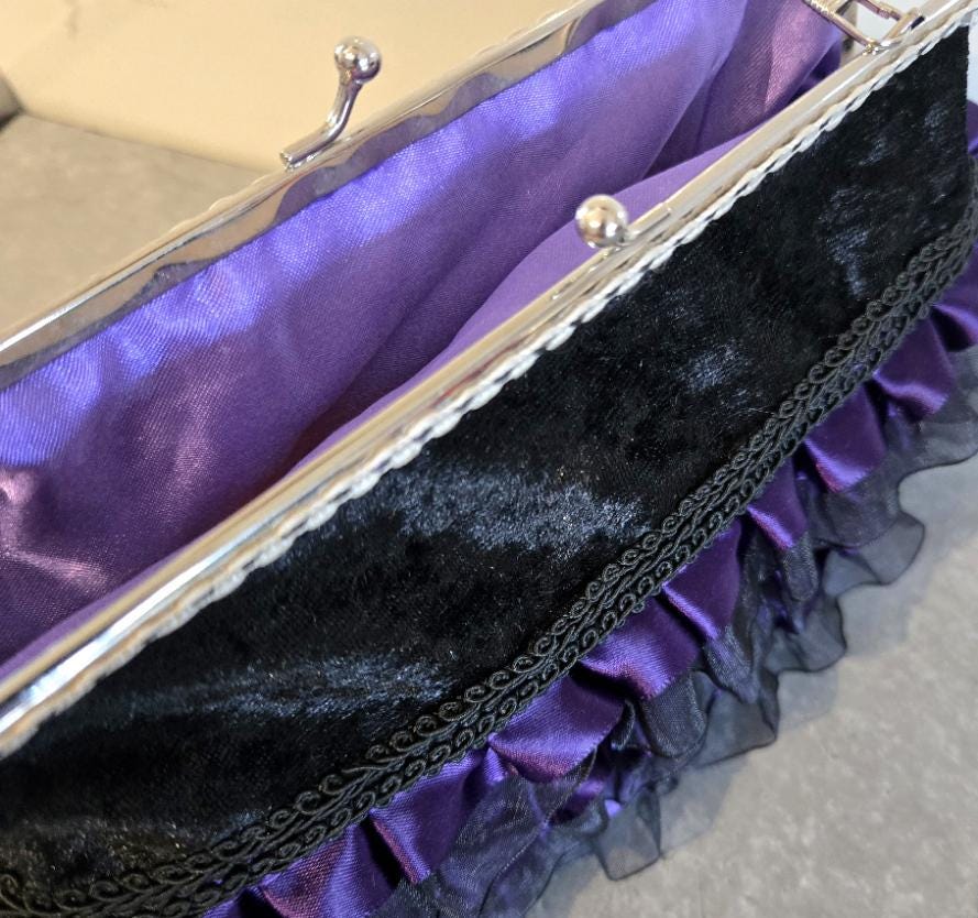 Black Velvet & Purple Lace Gothic Evening Bag Clutch Chain Handle Party Whitby