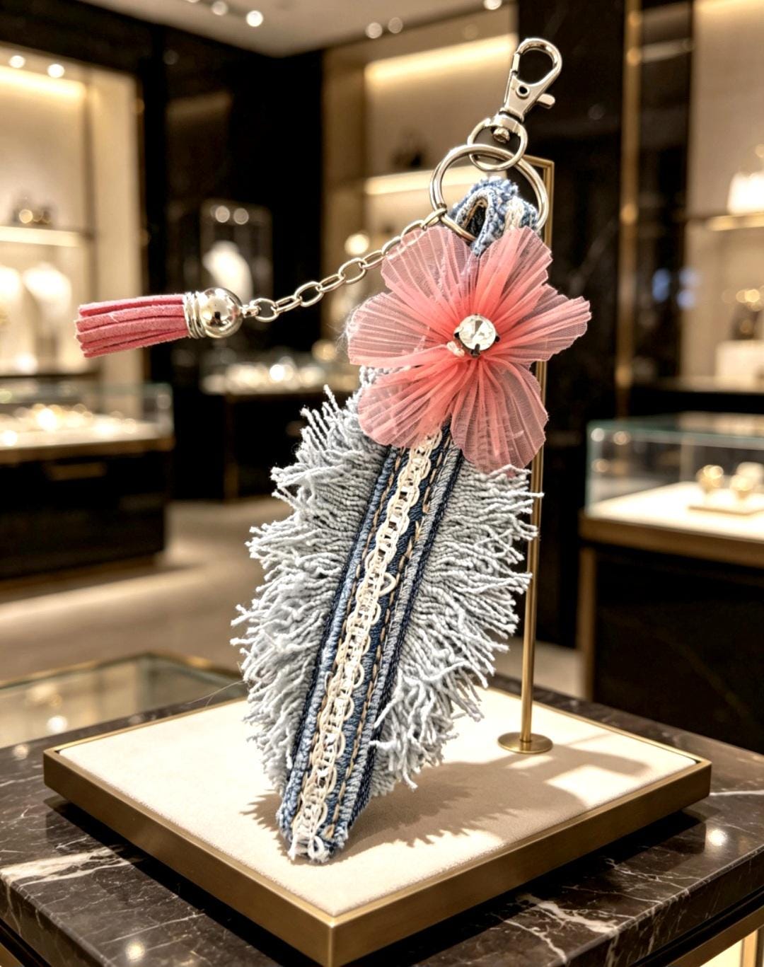 Cute Denim Leaf Keyring Key Chain Pink Flower & Tassel - Pretty Gift