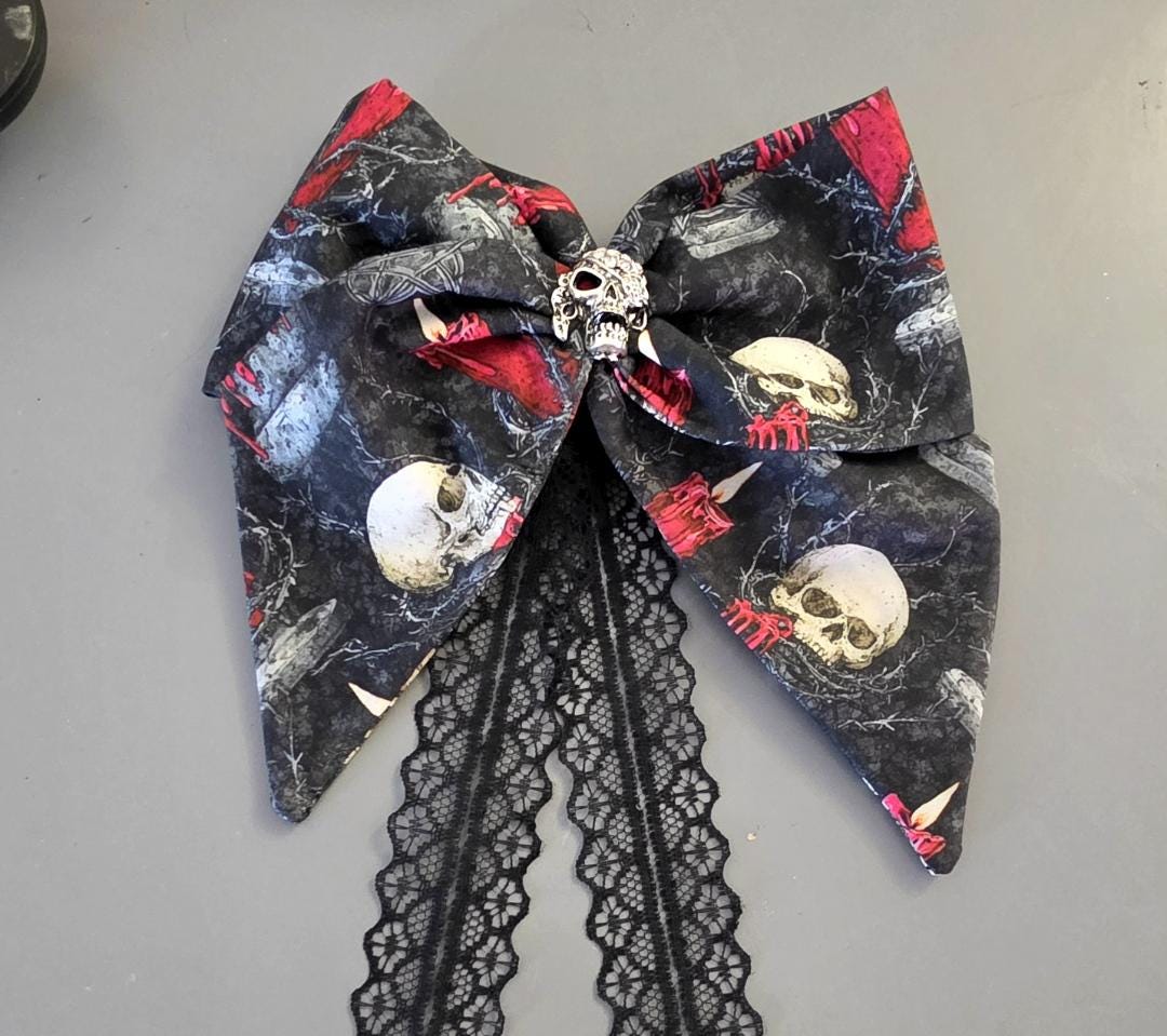 Big Red Black Gothic Hair Bow, Metal Skull Centre, Clip On, Gothic Punk Party Emo