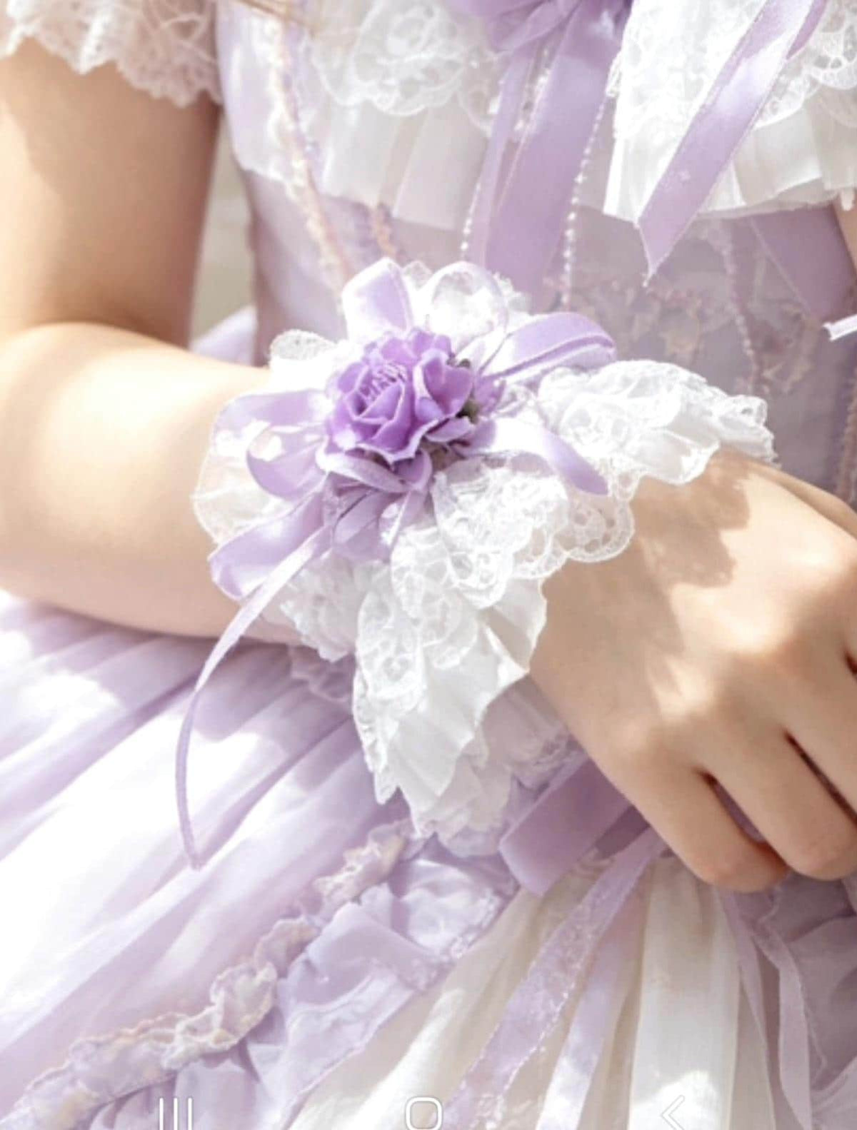 White Lace Wrist Cuffs With Lilac Satin Rose Ribbon And Beads - Whitby Lolita Kawaii Cute