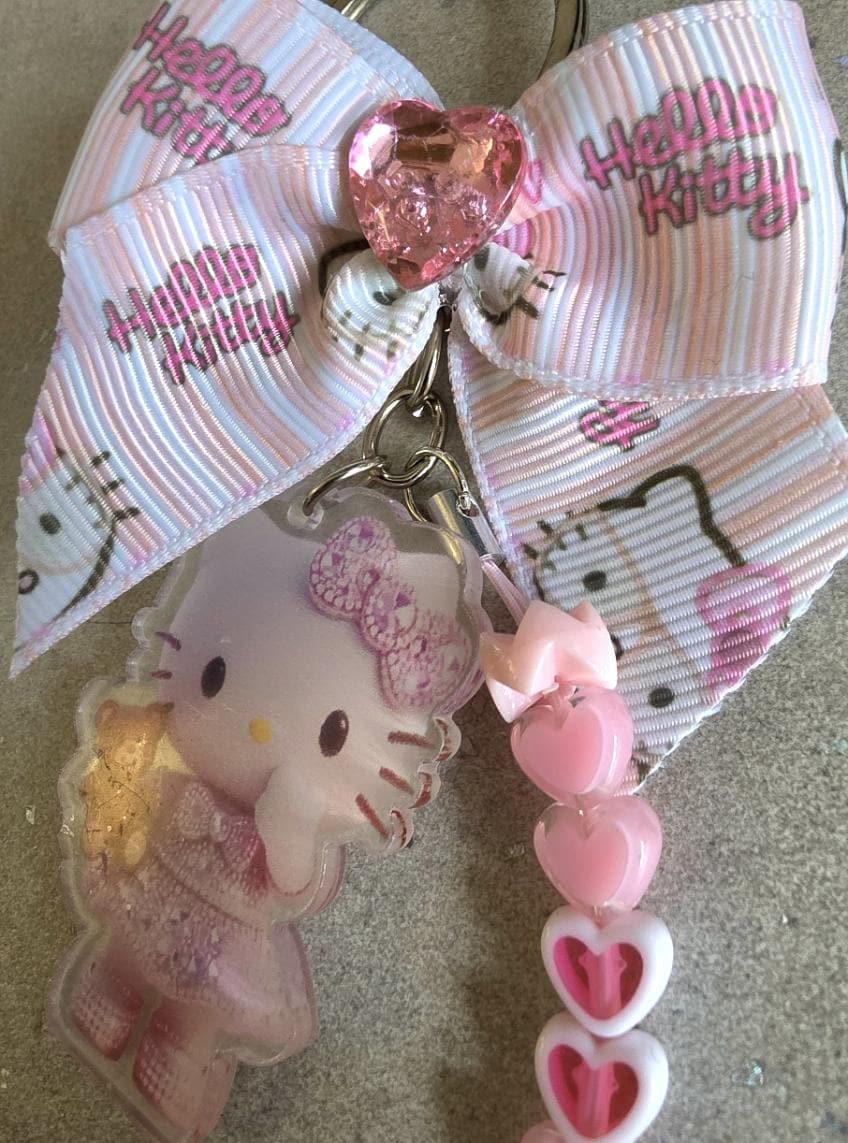Pretty Lolita Keyring Key Chain Kitty Pink White Hearts Bows Beads Kawaii, Gift