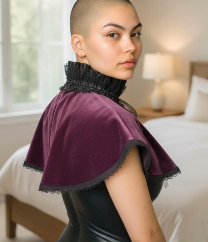 Purple Aubergine Velvet Victorian Cape Capelet Steampunk Wedding Whitby Regency Circular Black Lace Gothic Theatre Costume Fancy Dress CP59 - Oh My Gothness