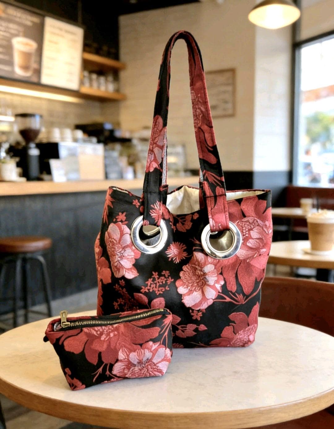 Red Black Damask Tote Shoulder Bag With Large Purse Fully Lined - Shopper Holiday - Oh My Gothness