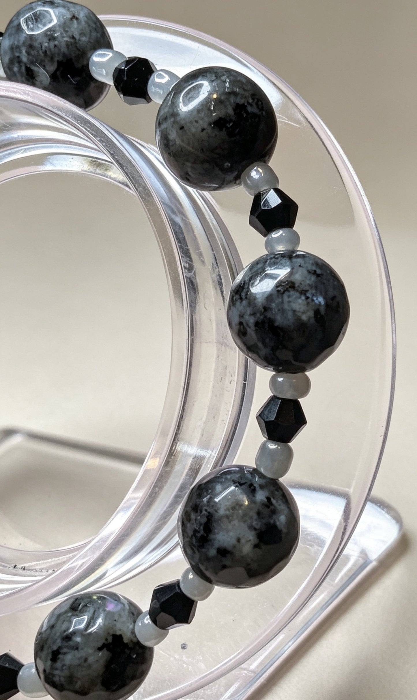 Handmade Beaded Bracelet in Natural Larvikitie Stone, Black Austrian Crystal and Grey Glass. Unisex Goth Accessory