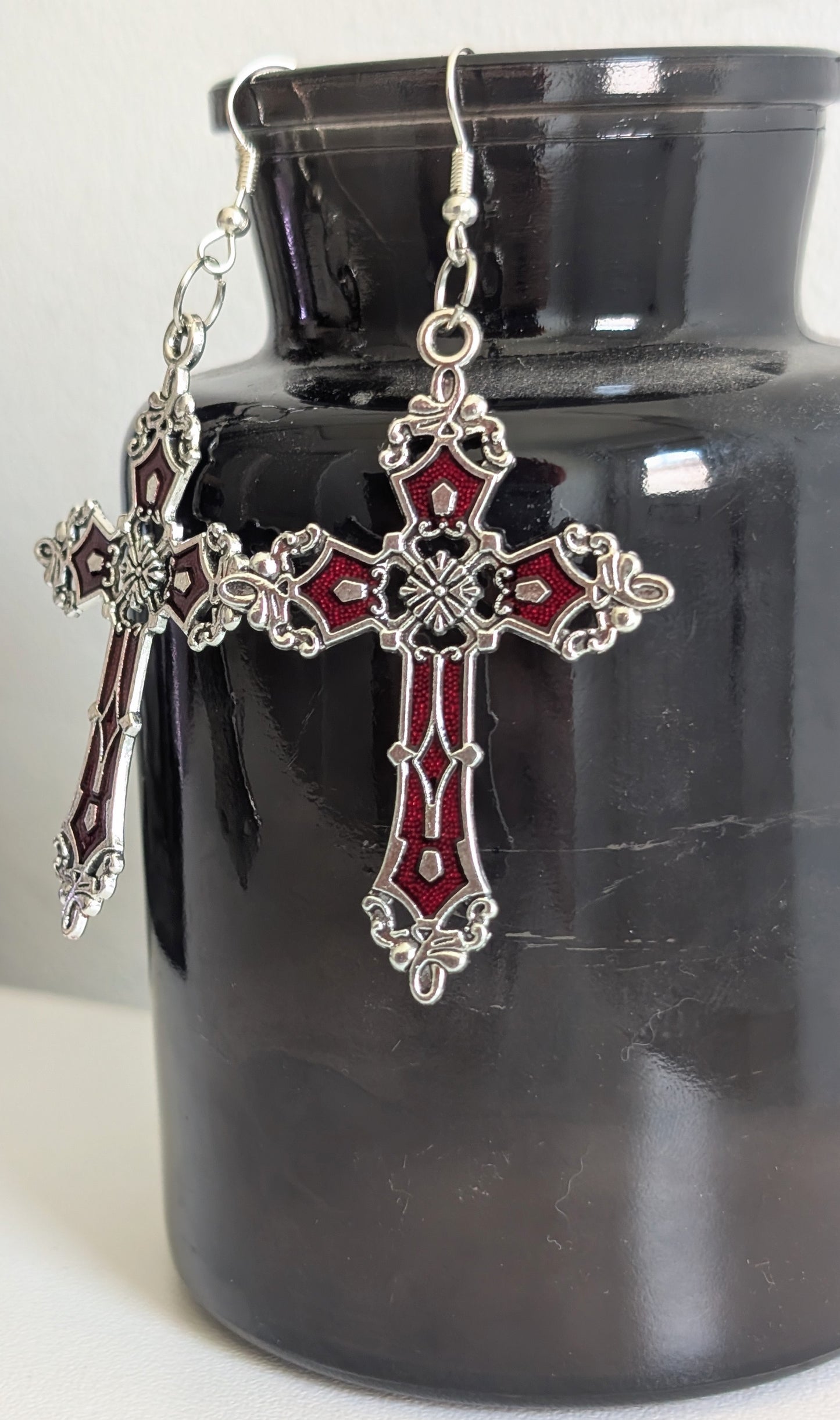 Hand-made red and silver large crucifix drop dangle earrings. Gothic Vampire Gift