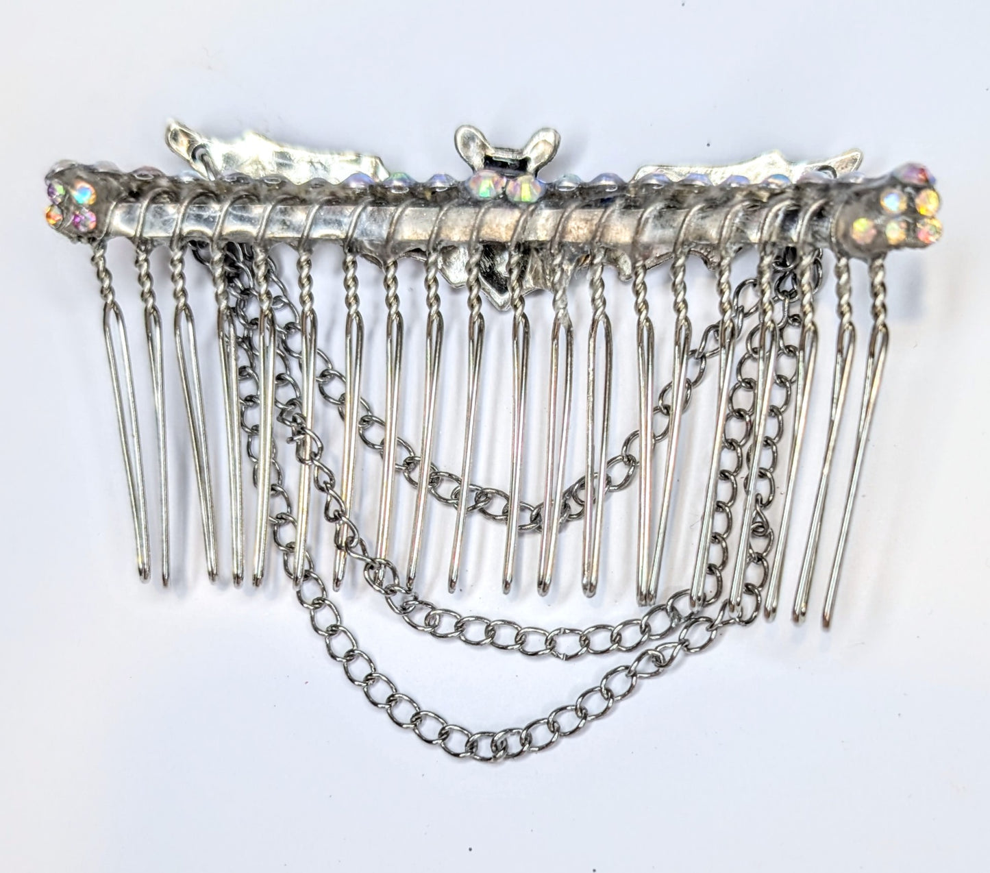 Handmade Silver Metal-Tone Gothic Bat, Chains, and Diamante Decorative Hair Comb. Prom Wedding Gothic Accessory
