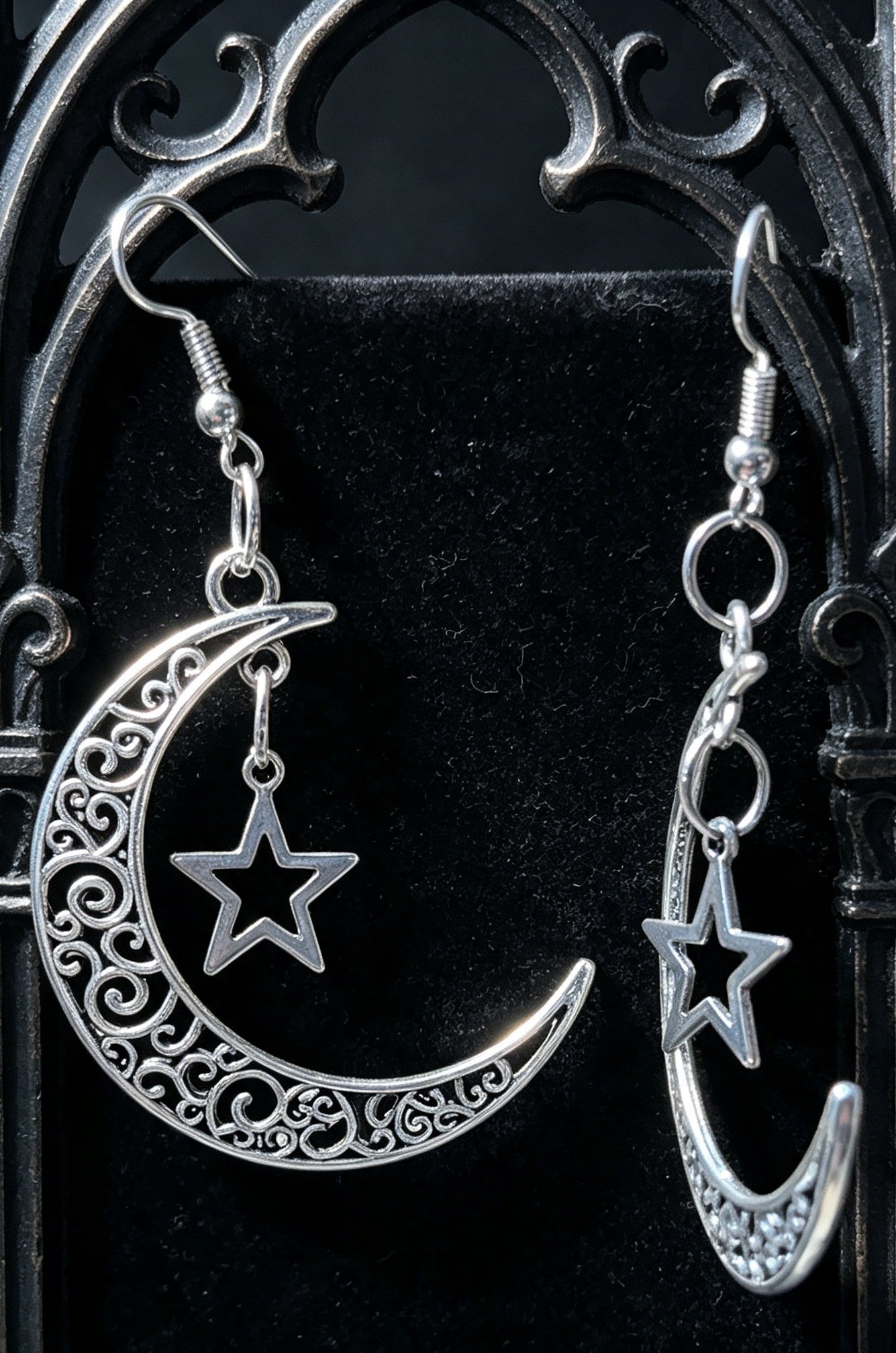 Gothic Hand Made Decorative Moon & Star Dangle Drop Earrings.