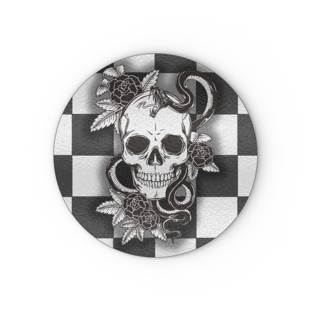 Skulls, snakes, roses on mono checks glass chopping board - Oh My Gothness