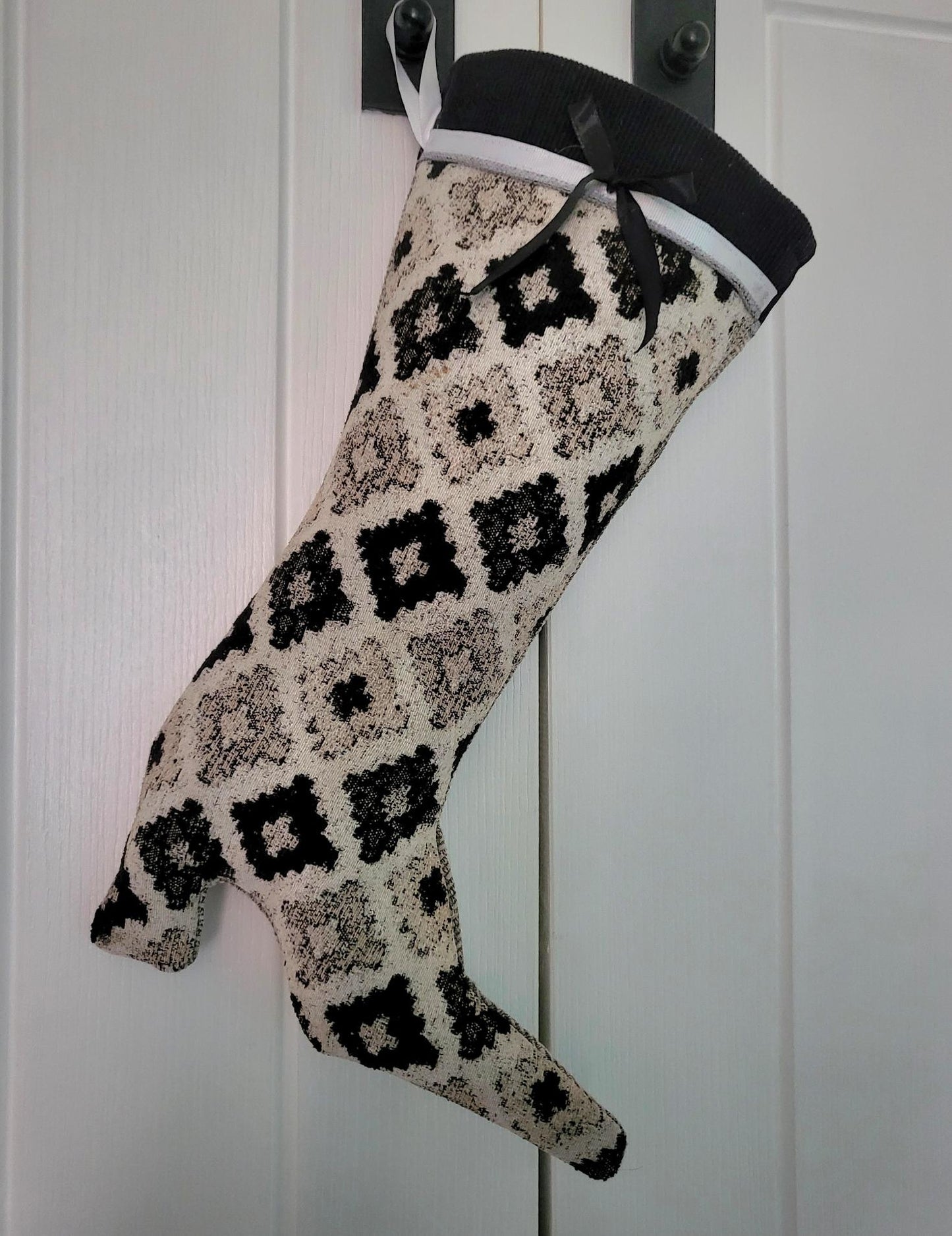 Stiletto Boot Christmas Stocking: Black & Cream Chenille, Velvet Ribbon - Oh My Gothness