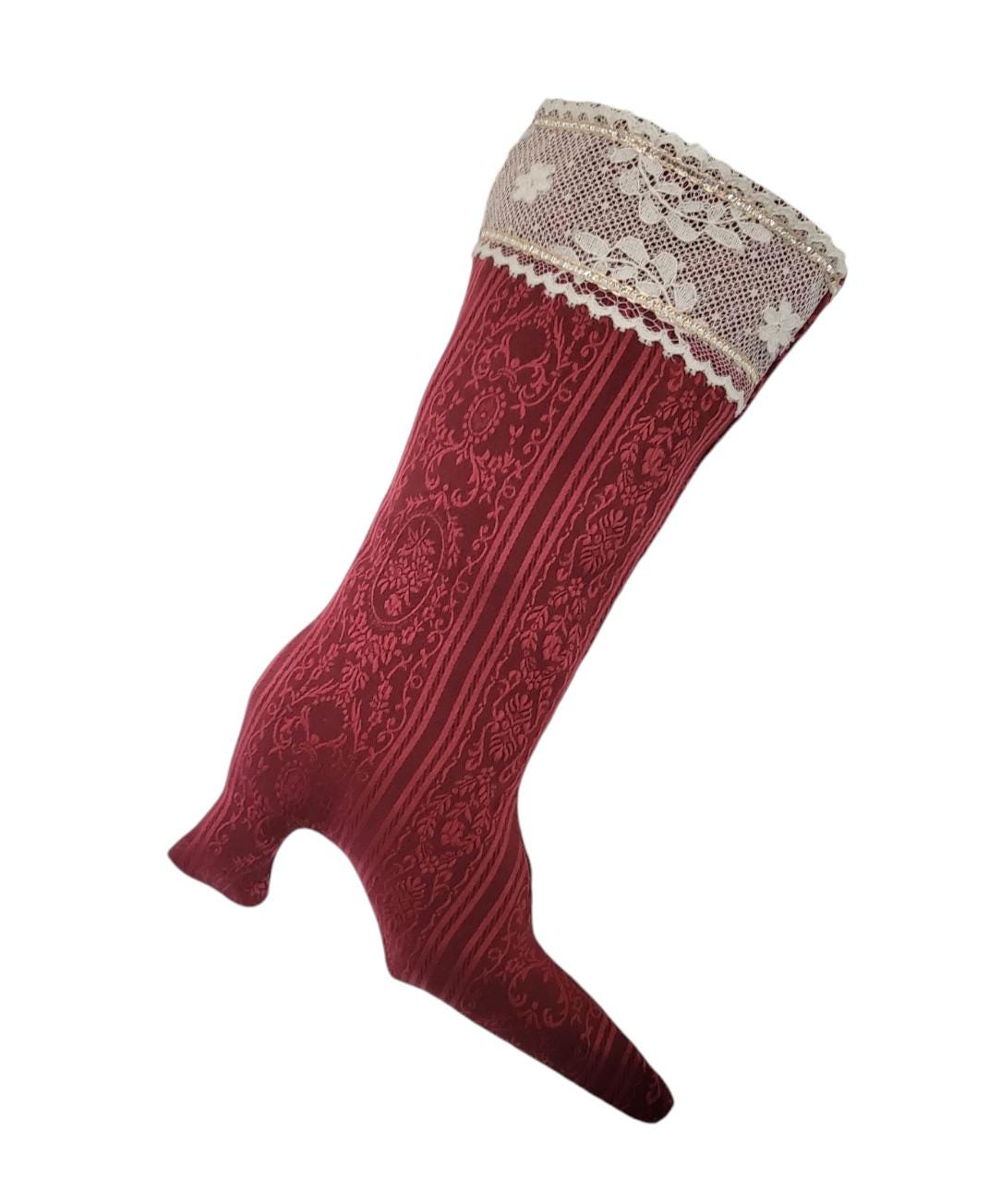 Stiletto Boot Christmas Stocking: Burgundy Red Jacquard, Lace & Gold Braid - Oh My Gothness