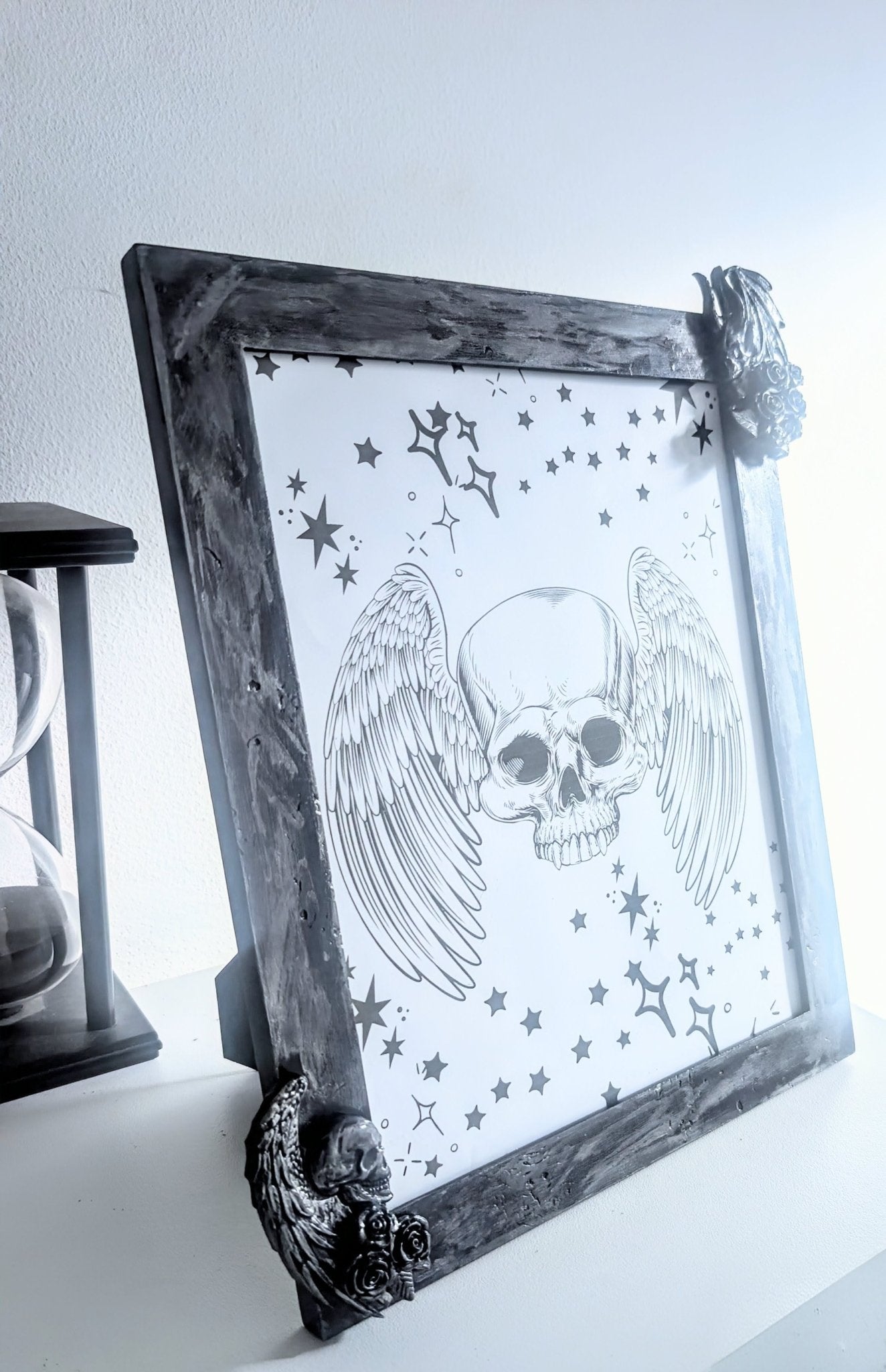 10 x 8" Dark Purple Silver Distressed Style Gothic Skull Angels Wall Hanging / Freestanding Portrait Wooden Photo Frame - Oh My Gothness