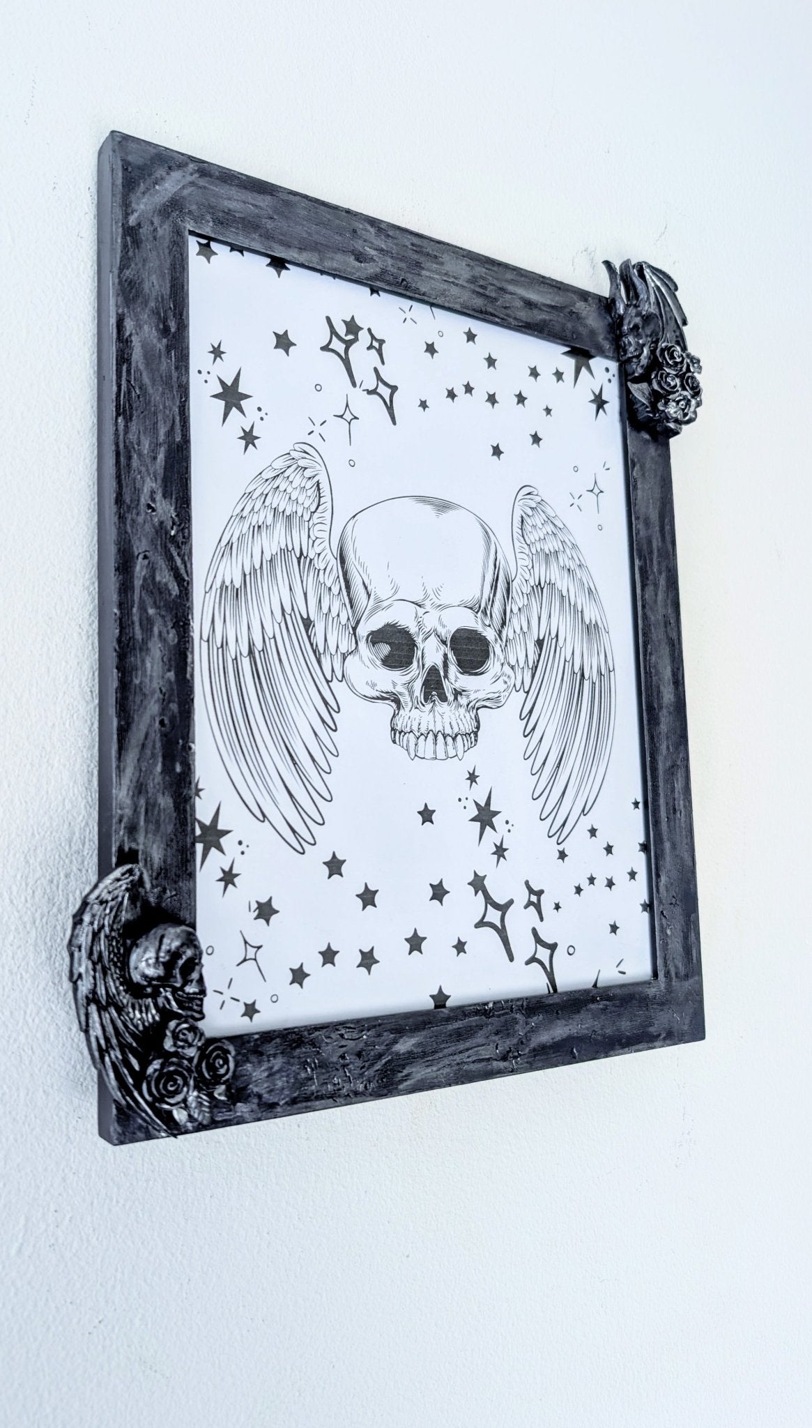 10 x 8" Dark Purple Silver Distressed Style Gothic Skull Angels Wall Hanging / Freestanding Portrait Wooden Photo Frame - Oh My Gothness