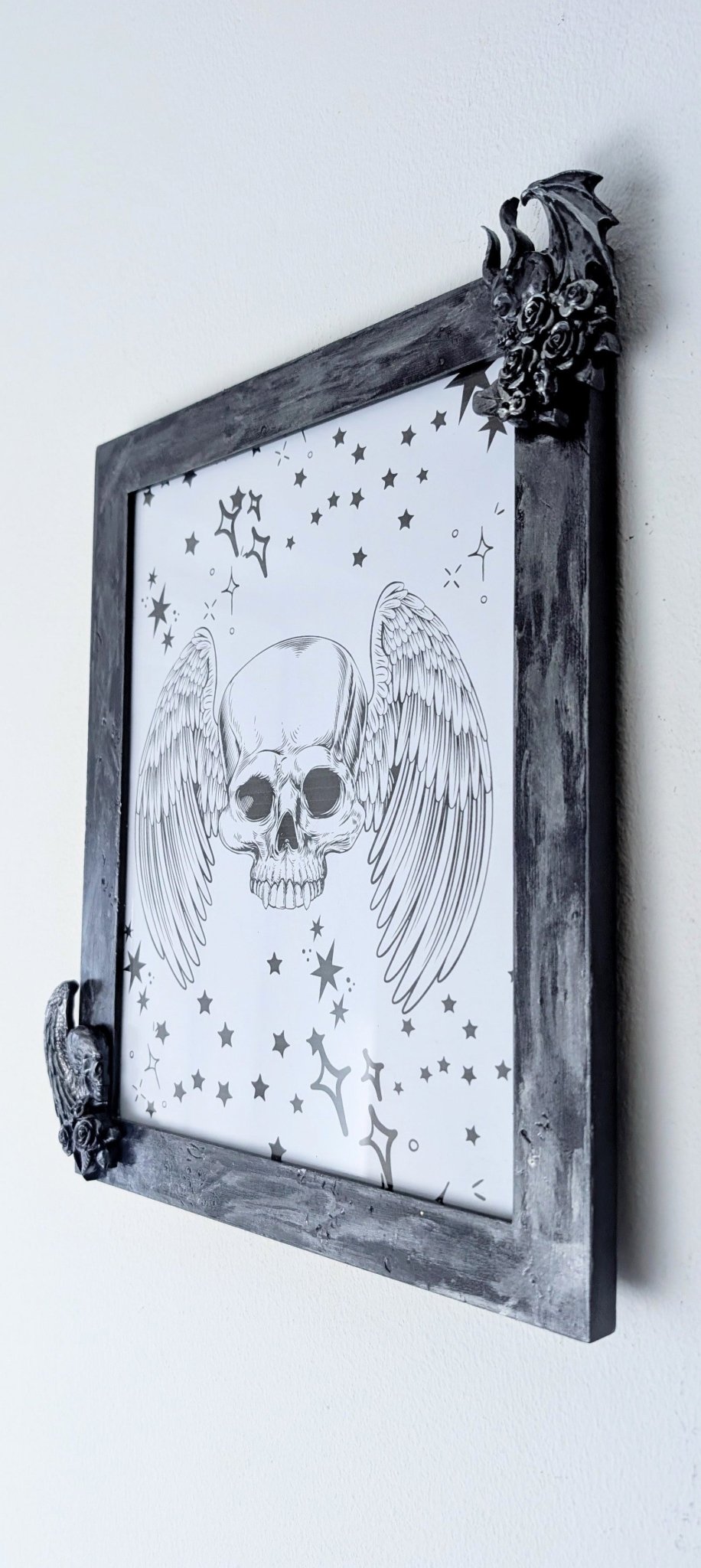 10 x 8" Dark Purple Silver Distressed Style Gothic Skull Angels Wall Hanging / Freestanding Portrait Wooden Photo Frame - Oh My Gothness