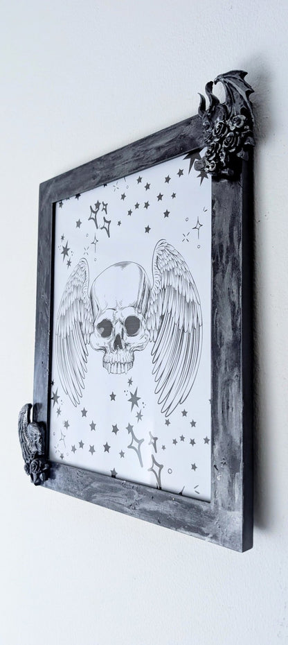 10 x 8" Dark Purple Silver Distressed Style Gothic Skull Angels Wall Hanging / Freestanding Portrait Wooden Photo Frame - Oh My Gothness