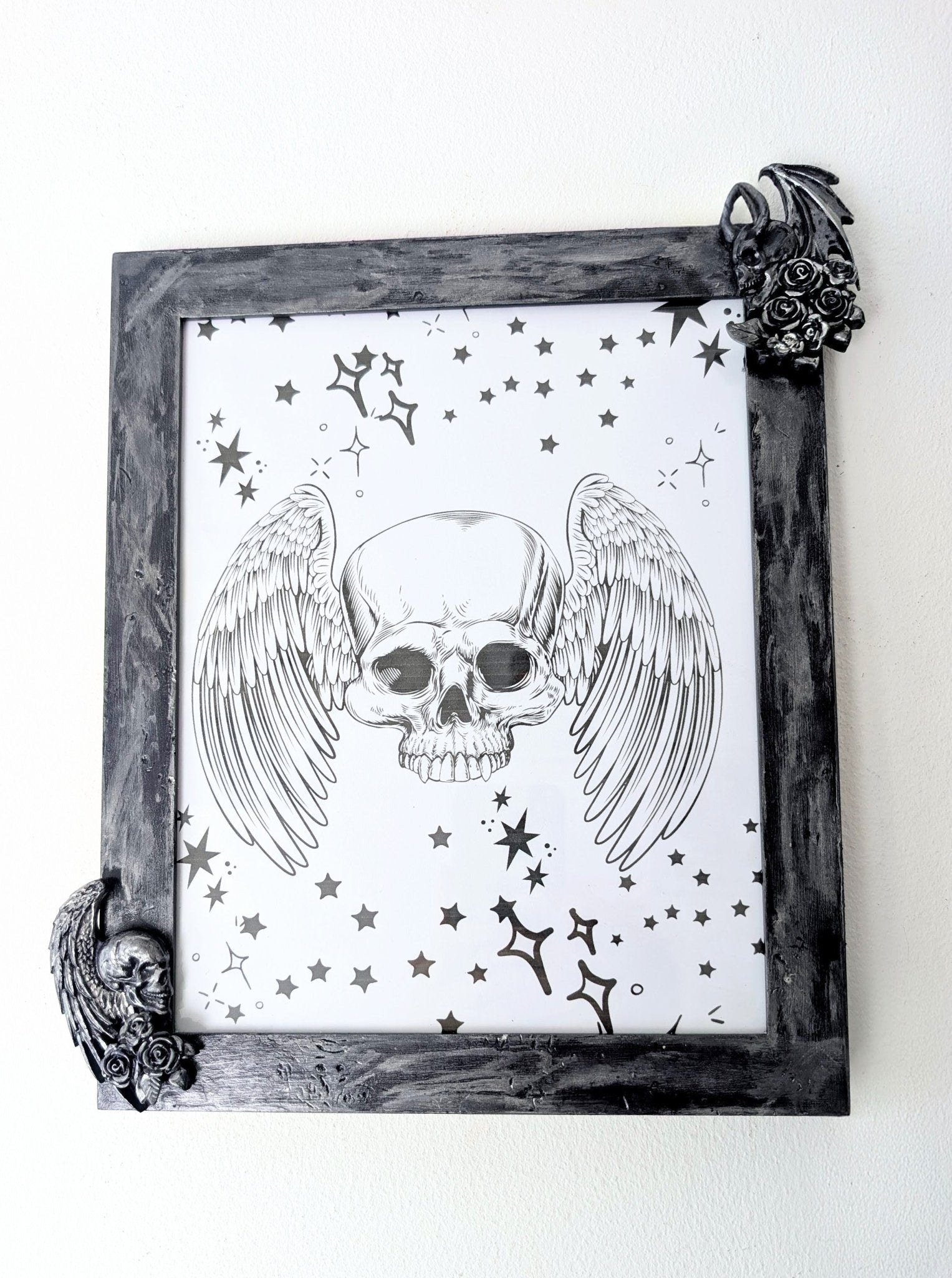 10 x 8" Dark Purple Silver Distressed Style Gothic Skull Angels Wall Hanging / Freestanding Portrait Wooden Photo Frame - Oh My Gothness