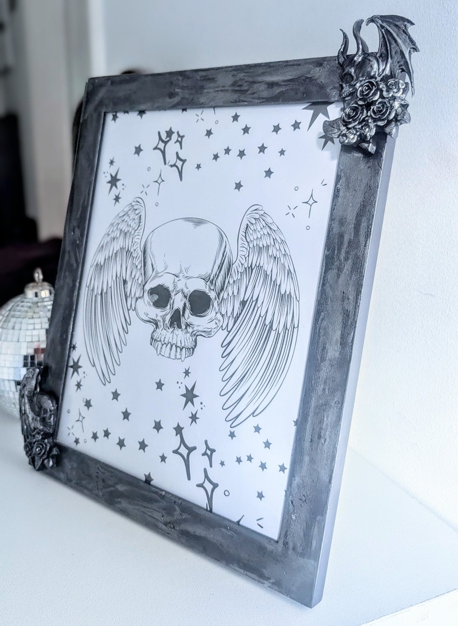 10 x 8" Dark Purple Silver Distressed Style Gothic Skull Angels Wall Hanging / Freestanding Portrait Wooden Photo Frame - Oh My Gothness