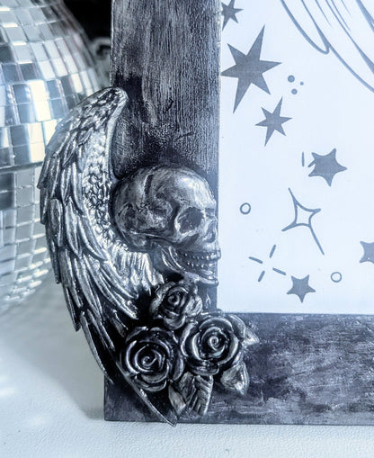 10 x 8" Dark Purple Silver Distressed Style Gothic Skull Angels Wall Hanging / Freestanding Portrait Wooden Photo Frame - Oh My Gothness