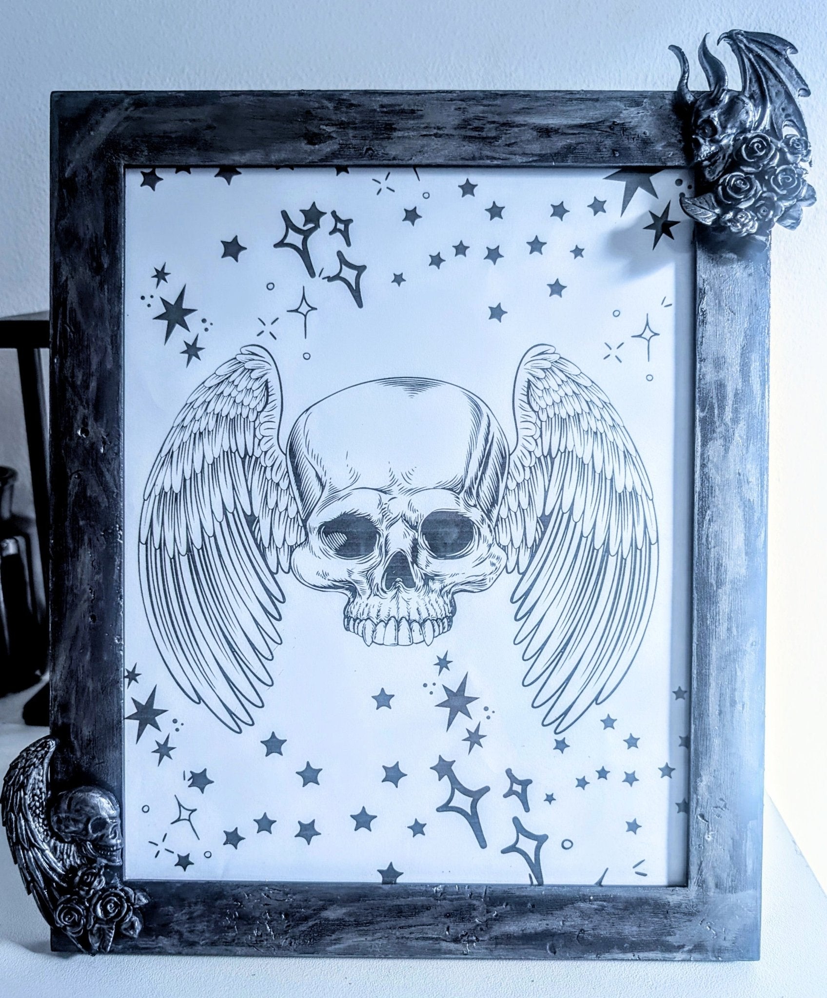 10 x 8" Dark Purple Silver Distressed Style Gothic Skull Angels Wall Hanging / Freestanding Portrait Wooden Photo Frame - Oh My Gothness