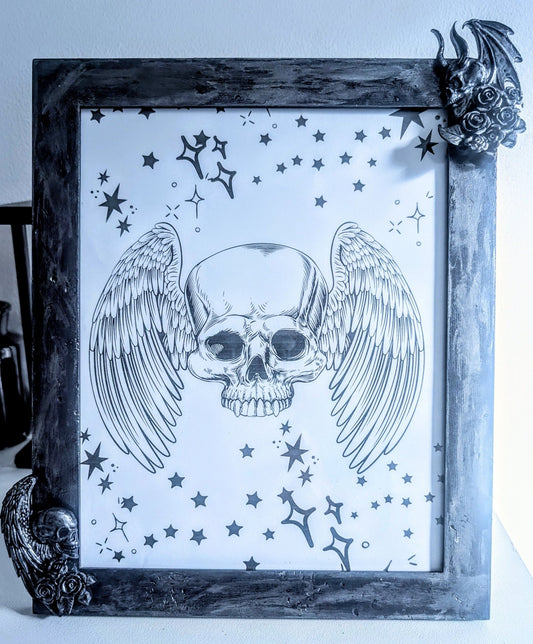 10 x 8" Dark Purple Silver Distressed Style Gothic Skull Angels Wall Hanging / Freestanding Portrait Wooden Photo Frame - Oh My Gothness