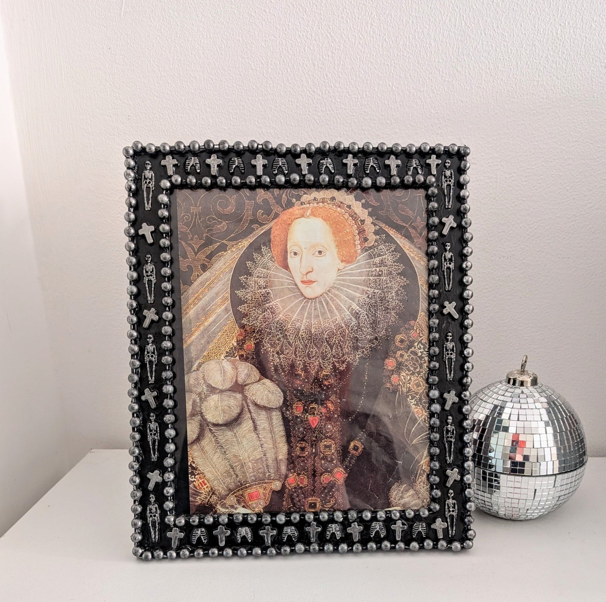 10 x 8" Portrait Freestanding Picture Frame. Black + Silver Crosses, Skeletons, Rib Cage. Spooky Goth Home Decor - Oh My Gothness