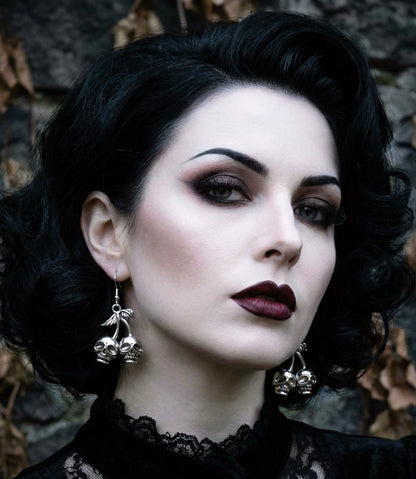 Hand Made Cherry Skull Drop Dangle Earrings in Silver Tone Metal. Gothic Punk Teen Earrings Gift