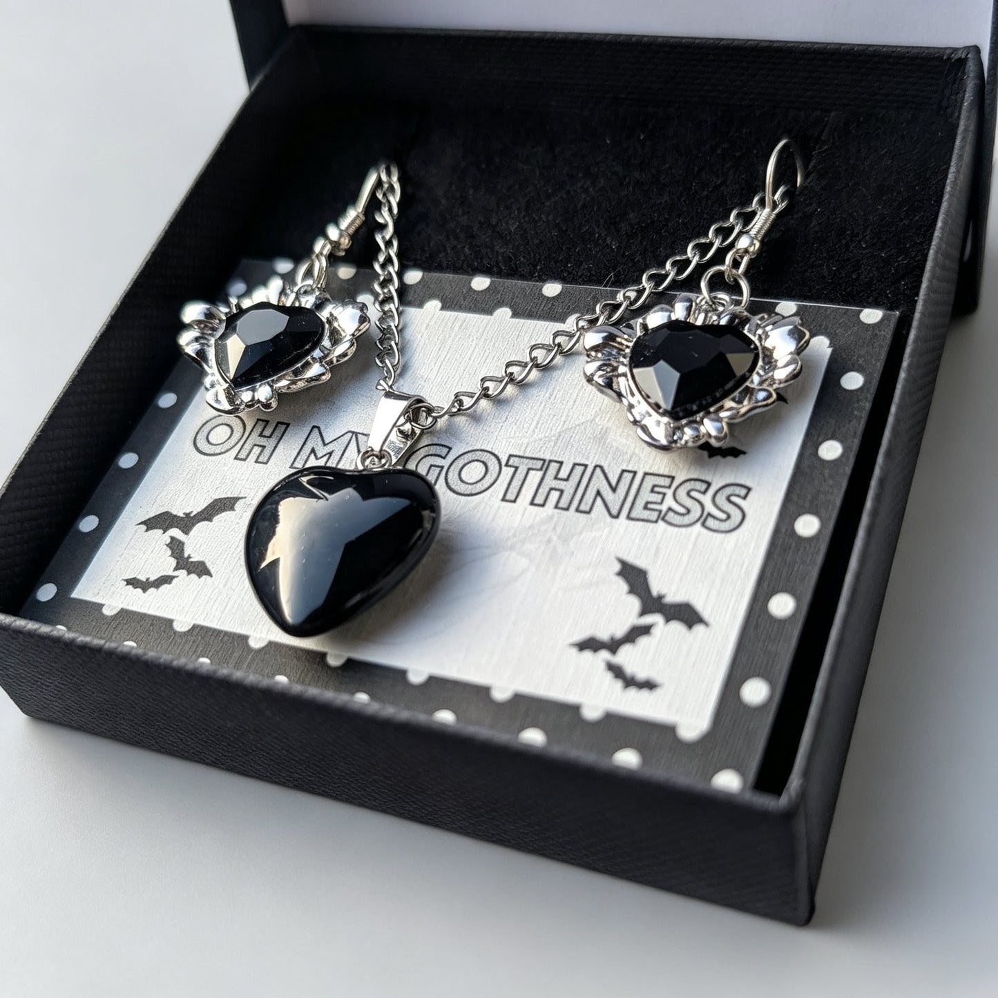 Handmade Black Heart Obsidian Pendant Necklace and Drop Earrings—Boxed Goth Gift Set.