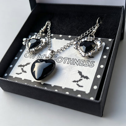 Handmade Black Heart Obsidian Pendant Necklace and Drop Earrings—Boxed Goth Gift Set.