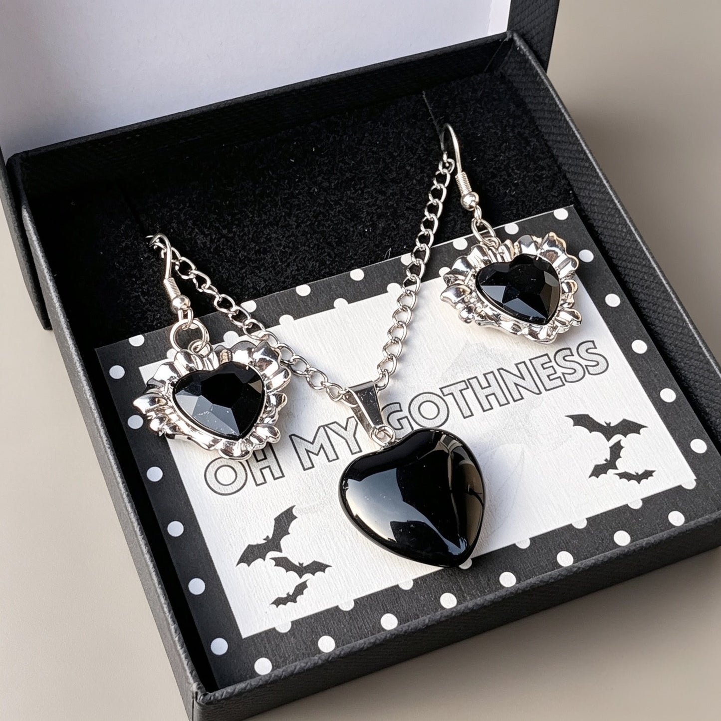 Handmade Black Heart Obsidian Pendant Necklace and Drop Earrings—Boxed Goth Gift Set.